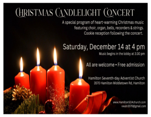 Christmas Candlelight Concert, Sat Dec 14 at 4PM, Music starts at 3:30, free admisson